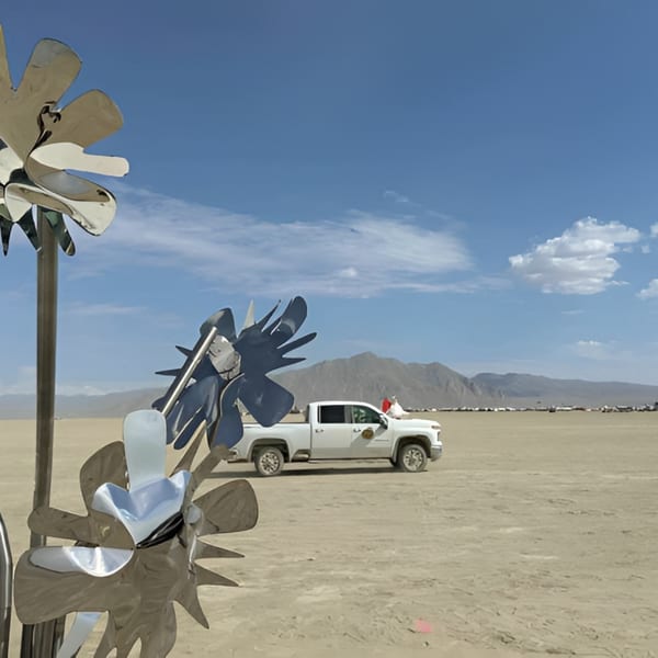 A white pickup truck drives across a vast desert landscape with mountains in the background.
