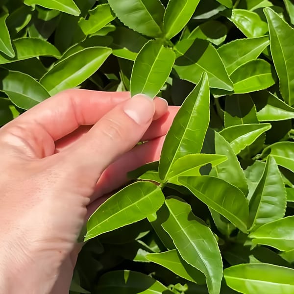 A hand gently plucking a fresh green tea leaf from a vibrant bush.